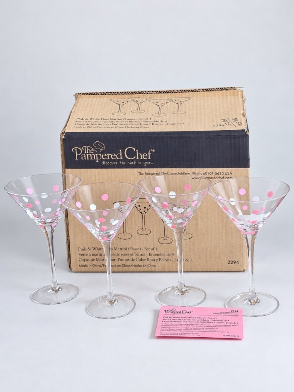 NOS Retired 2010 Pampered Chef Pink & White Polka Dot Martini Glasses New in box